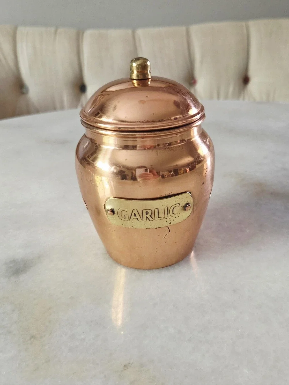 Vintage Copper Garlic Keeper Storage Jar + Lid, Brass Plaque, Ventilation Holes